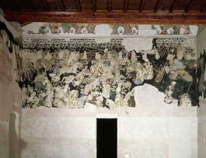 Torneo di battaglia, con il collare SS dei Lancaster con fiori di calendula, emblema della Famiglia Gonzaga, nel fregio sopra, frammento di pittura murale dalla Sala del Pisanello da Antonio Pisanello